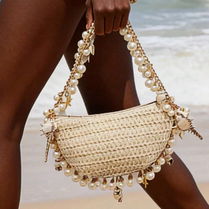 Straw Seashells And Pearls Shoulder Handbag